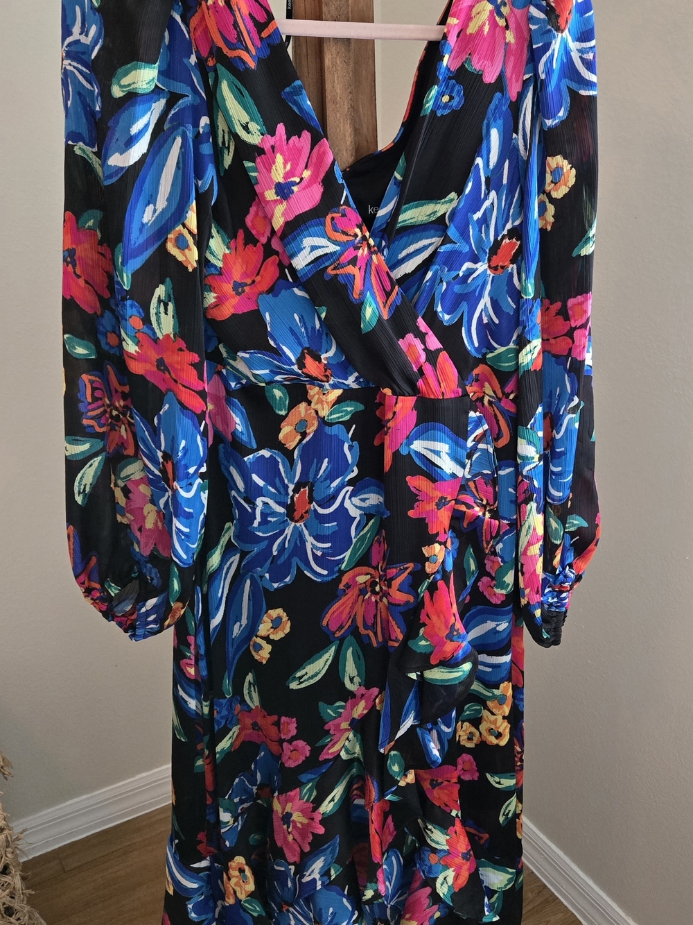 Kensie Floral Wrap Dress - Black with Blue & Pink Floral Womens Size 10